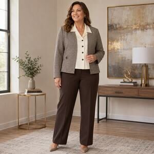 Perceptions Woman 16W 2 Pc Pantsuit Brown Plaid Jacket Ivory Blouse Career Suit